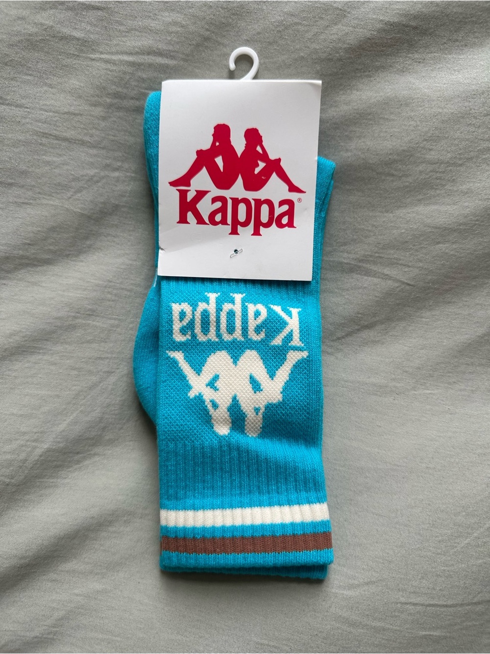 Kappa Unisex Turquoise Crew Socks with White Logo and Brown Stripe